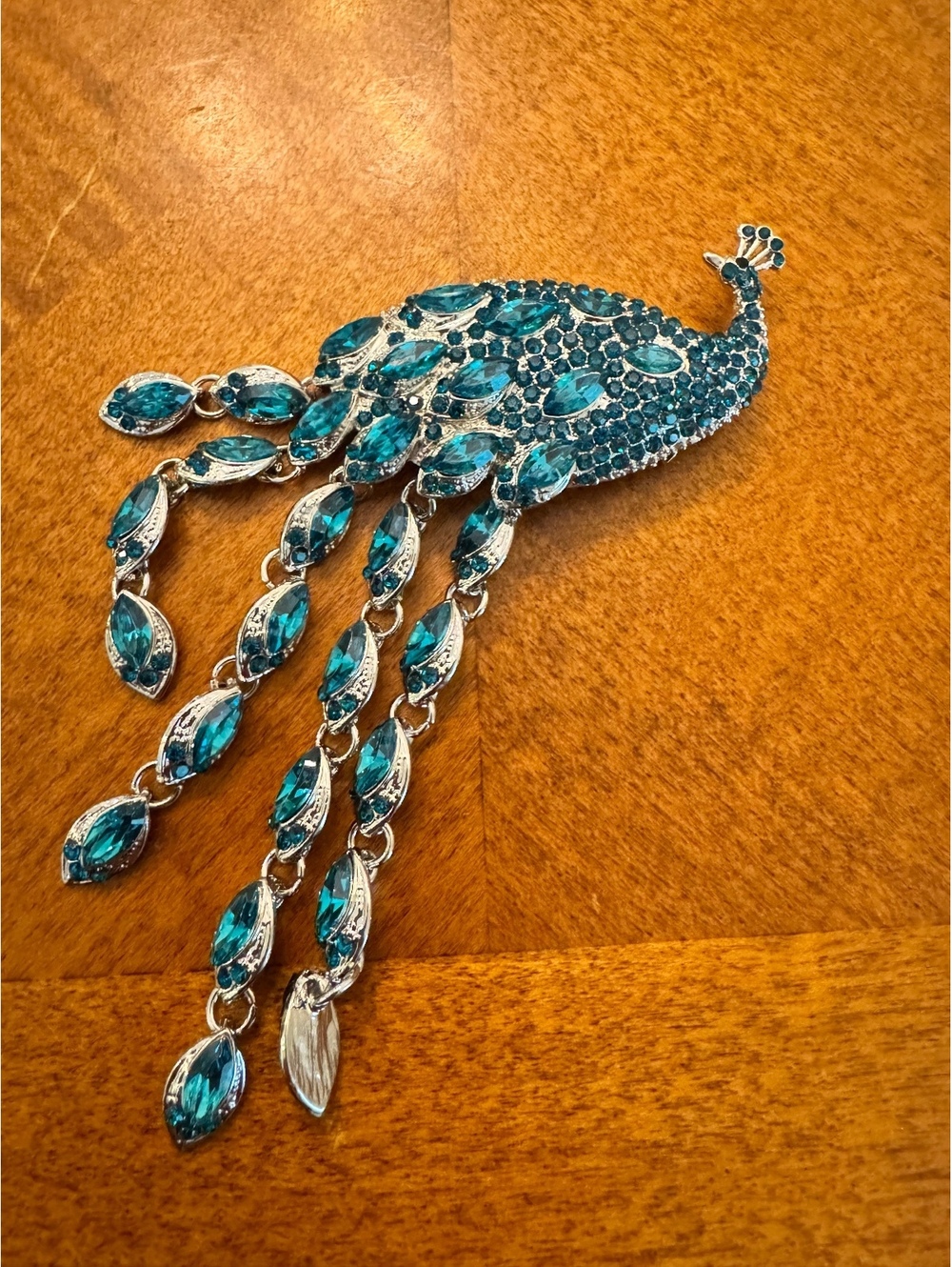 Vintage Peacock Brooch with Blue Rhinestones and Dangle Design 309